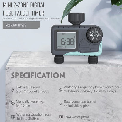 2 Zones Programmable Water Timer with Rain Delay / Manual / Automatic Irrigation System Outdoor Irrigation Timer Controller for Lawn Yard