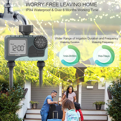 2 Zones Programmable Water Timer with Rain Delay / Manual / Automatic Irrigation System Outdoor Irrigation Timer Controller for Lawn Yard