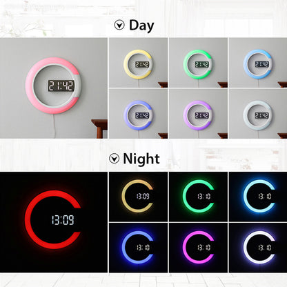 TS-S24 Creative LED Mirror Hollow Wall Clock with Alarm Temperature Ring Light Multi-color Switch