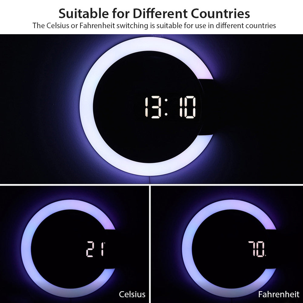 TS-S24 Creative LED Mirror Hollow Wall Clock with Alarm Temperature Ring Light Multi-color Switch