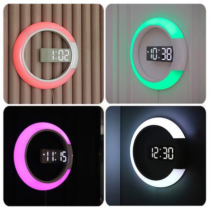 TS-S24 Creative LED Mirror Hollow Wall Clock with Alarm Temperature Ring Light Multi-color Switch
