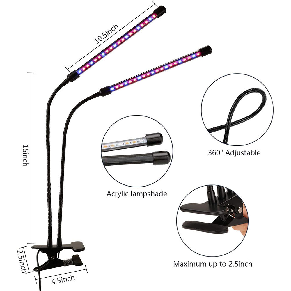 Dual Head Adjustable 20W LED Plant Light Clip-on DC5V USB Nursery Flower Indoor Planting Box Plant Growth Light