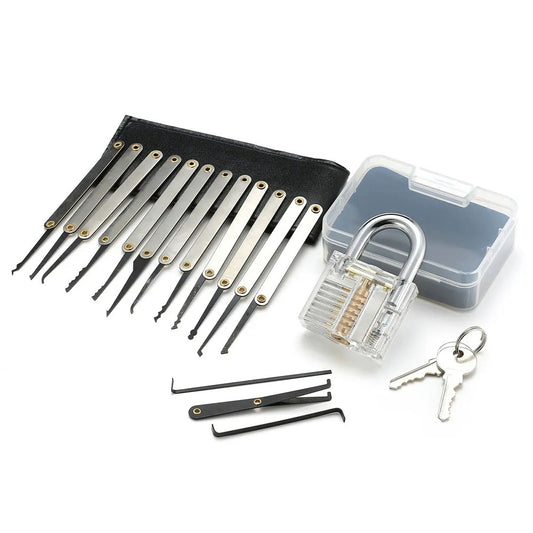 15Pcs/Set Lock Picks Key Extractor Unlocking Practice Tool Kit with Transparent Padlock
