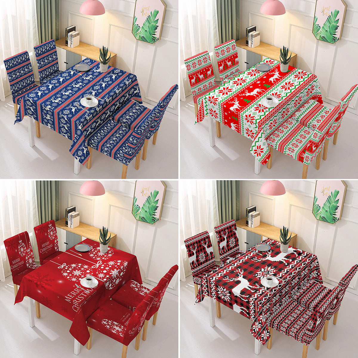 140x140cm Christmas Pattern Design Tablecloth Dining Table Cover with 4 Elastic Chair Covers New Year Festival Kitchen Decoration