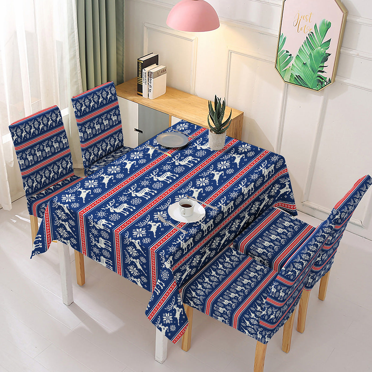 140x140cm Christmas Pattern Design Tablecloth Dining Table Cover with 4 Elastic Chair Covers New Year Festival Kitchen Decoration