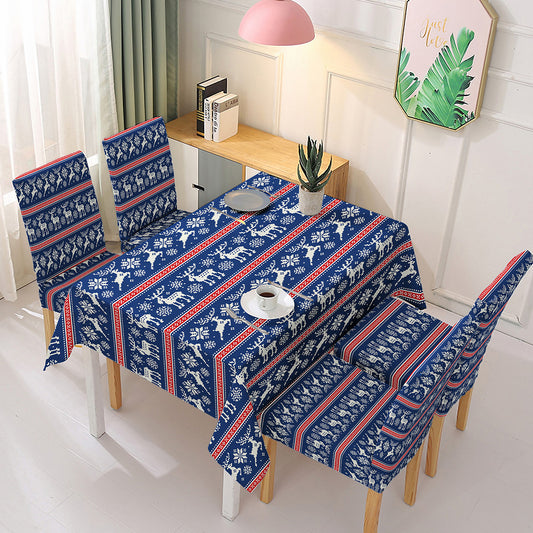 140x140cm Christmas Pattern Design Tablecloth Dining Table Cover with 4 Elastic Chair Covers New Year Festival Kitchen Decoration