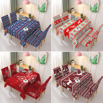 140x140cm Christmas Pattern Design Tablecloth Dining Table Cover with 4 Elastic Chair Covers New Year Festival Kitchen Decoration
