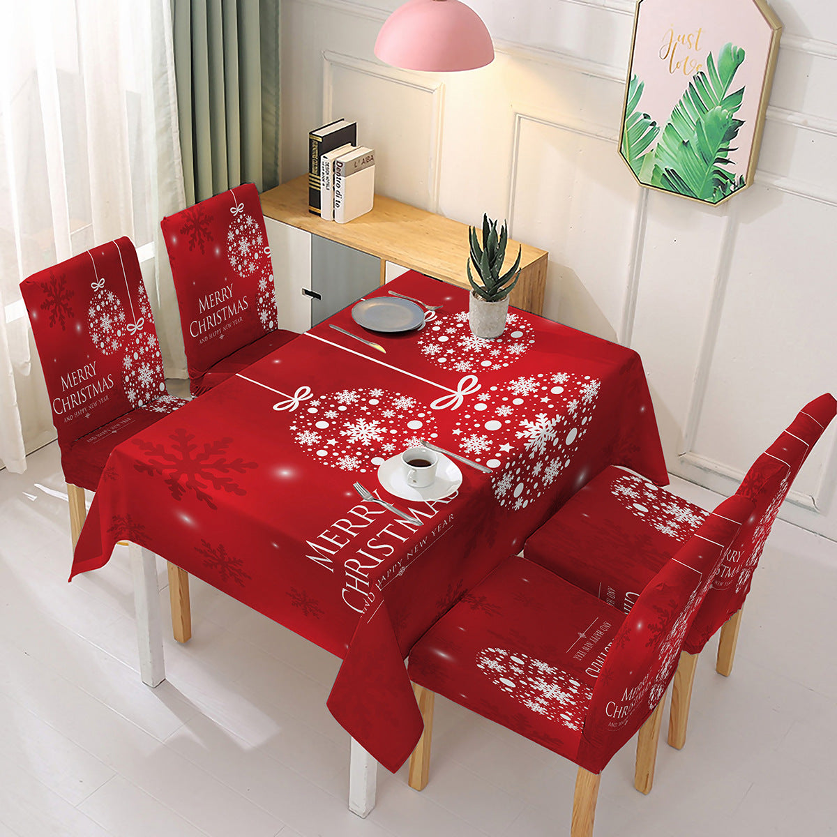 140x140cm Christmas Pattern Design Tablecloth Dining Table Cover with 4 Elastic Chair Covers New Year Festival Kitchen Decoration