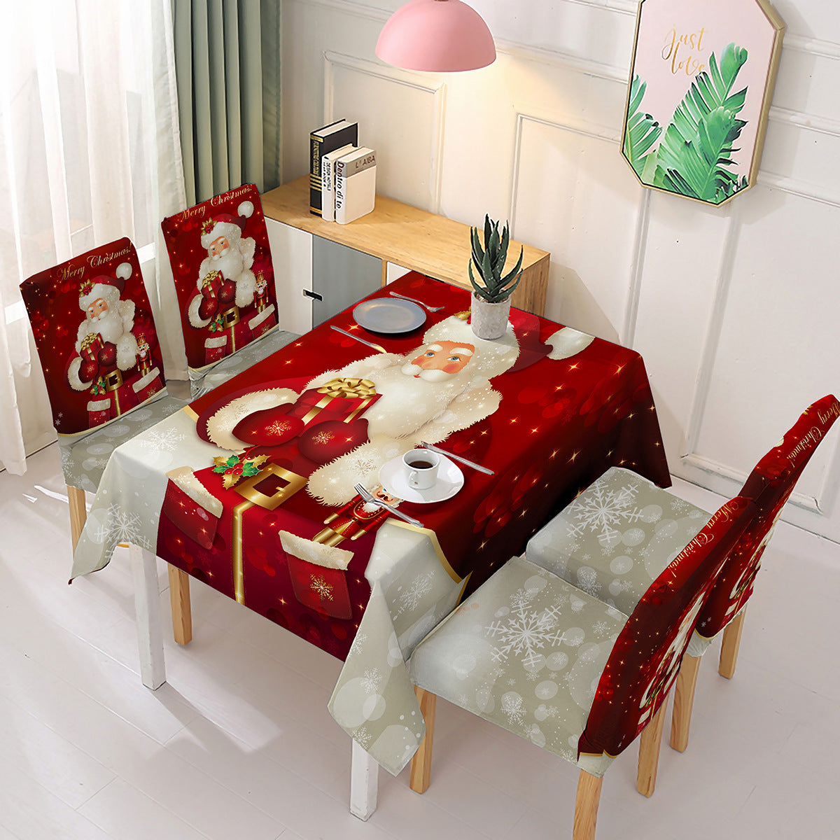 140x180cm Christmas Decorative Rectangular Dining Table Cover Tablecloth with 4 Chair Covers