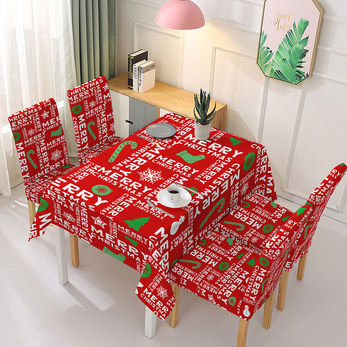 140x180cm Christmas Decorative Rectangular Dining Table Cover Tablecloth with 4 Chair Covers