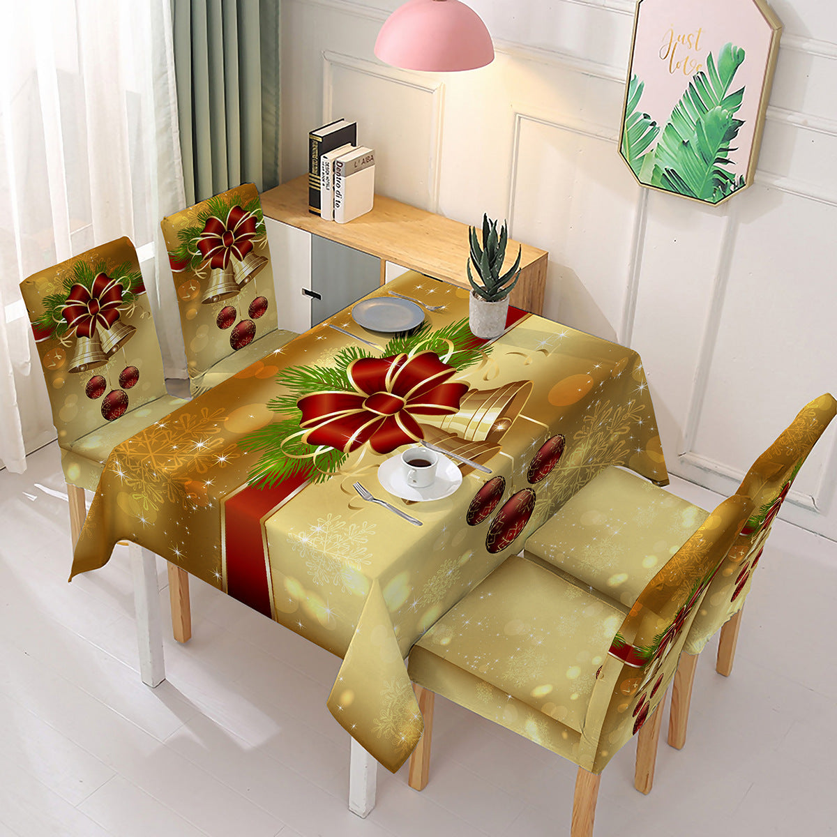 140x180cm Christmas Decorative Rectangular Dining Table Cover Tablecloth with 4 Chair Covers