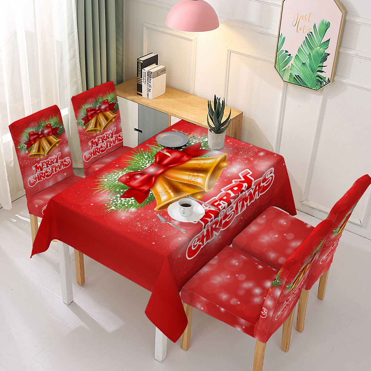 140x180cm Christmas Decorative Rectangular Dining Table Cover Tablecloth with 4 Chair Covers