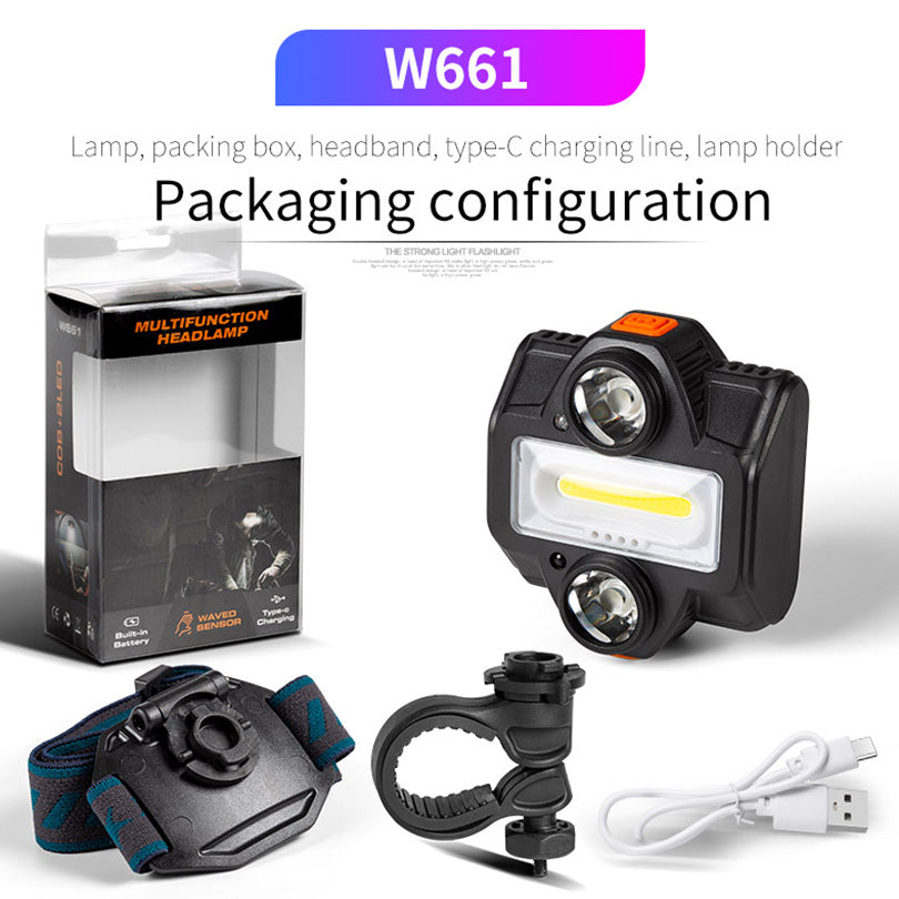 W661 COB + T6 LED Headlight Hand Sensor Head Lamp with Magnetic Back Camping Flashlight