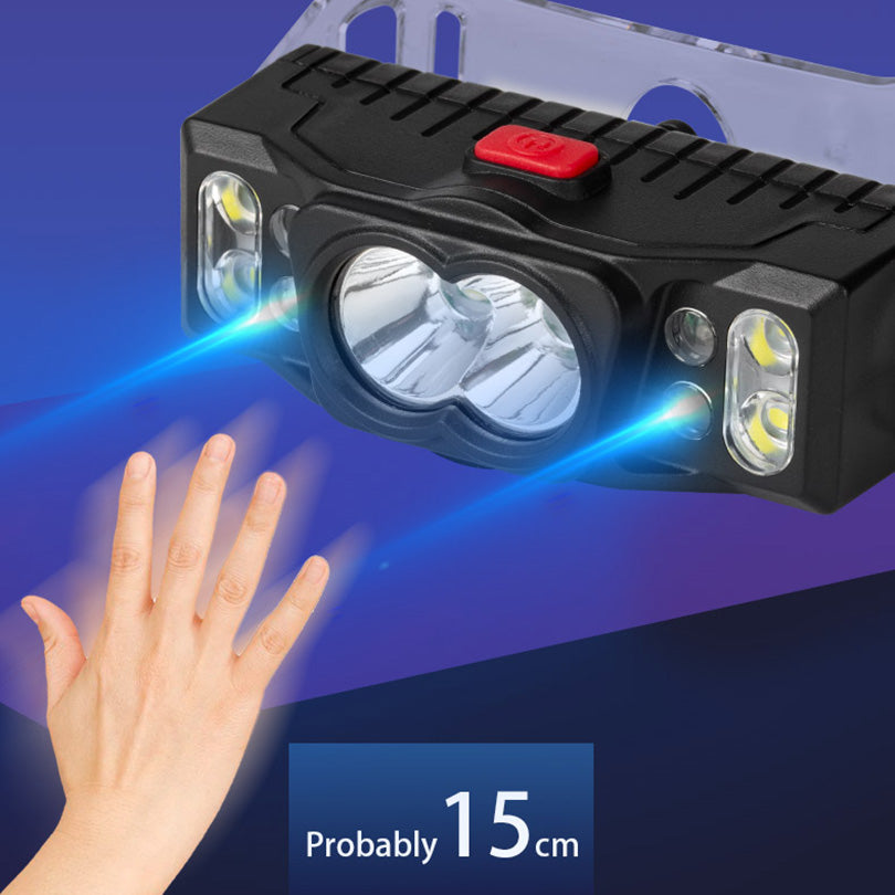 W660-2 Outdoor Multi-function Hand Induction T6 LED Headlight Rechargeable Dual Head Lamp Flashlight