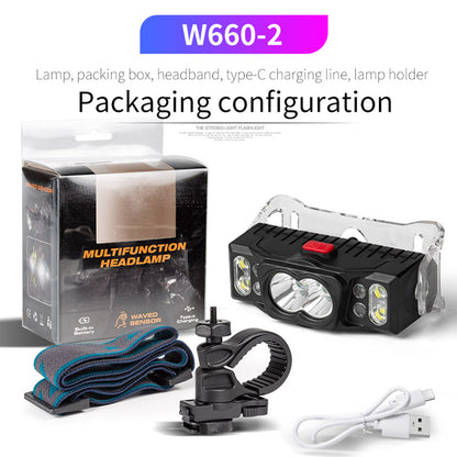 W660-2 Outdoor Multi-function Hand Induction T6 LED Headlight Rechargeable Dual Head Lamp Flashlight