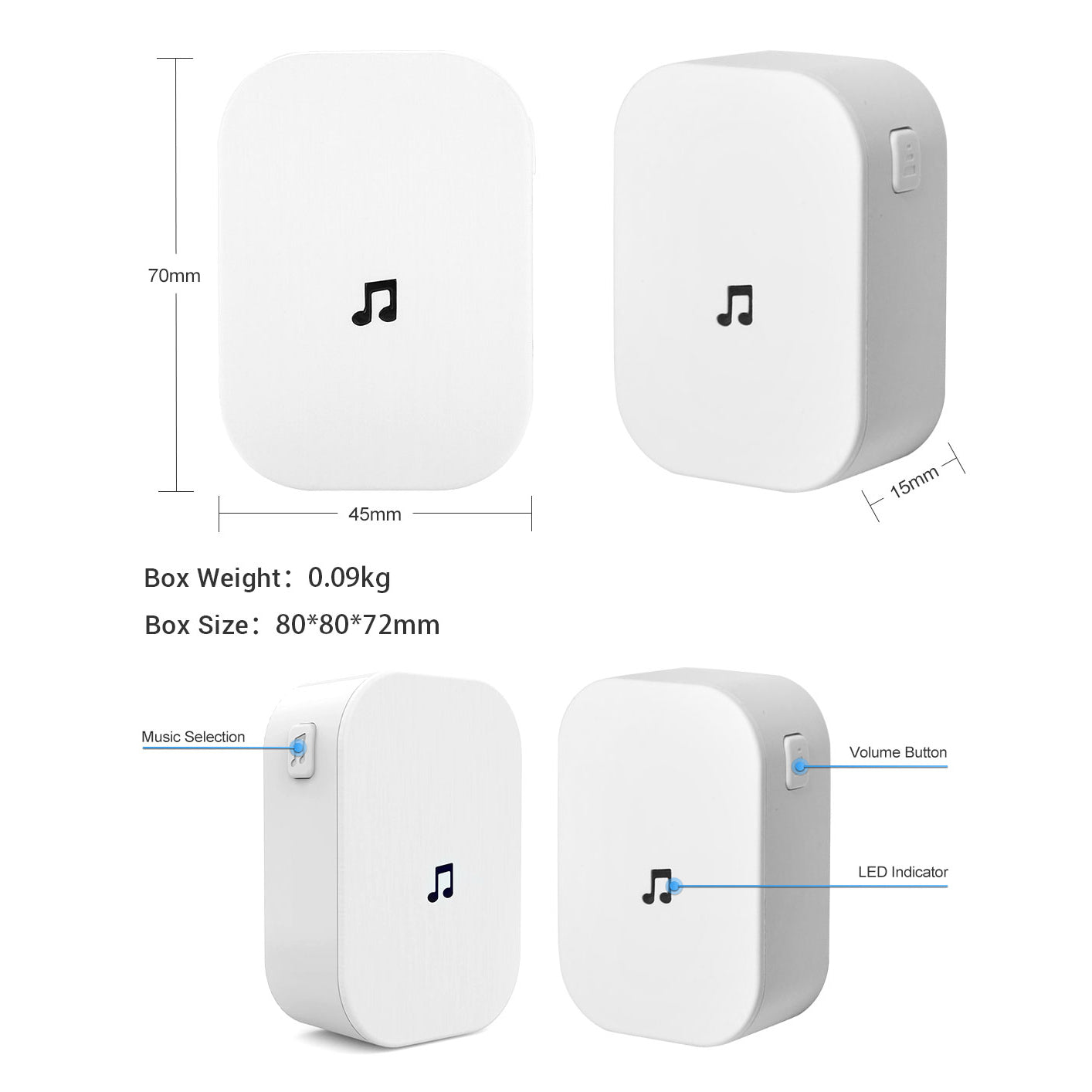 433MHz Plug-in Chime Wireless Video Doorbell Adjustable Volume Music Selection Ding-Dong Door Bell