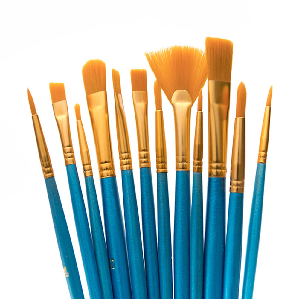 2120012 12Pcs/Set Wood Handle Paint Brushes Oil Watercolor Painting Artist Student Nylon Hair Drawing Brushes Kit