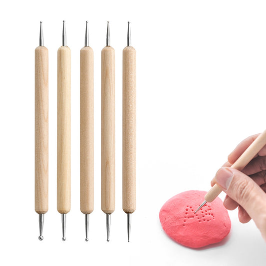 2112905 5Pcs Double-ended Ball Styluses with Wooden Handle for Embossing Pattern Clay Sculpting Wax Polymer Dotting Tool