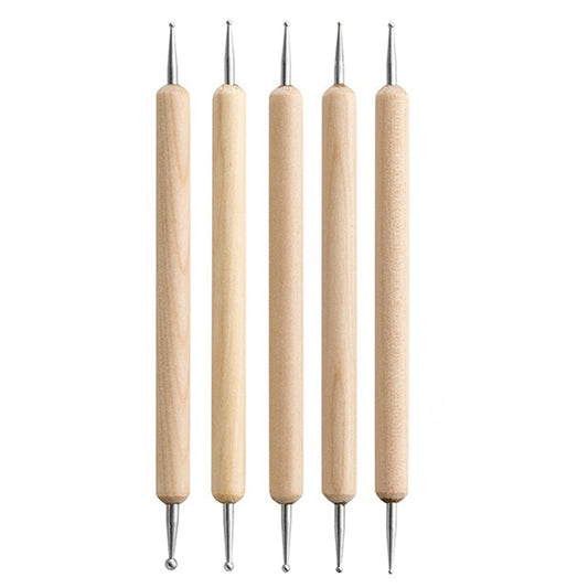 2112905 5Pcs Double-ended Ball Styluses with Wooden Handle for Embossing Pattern Clay Sculpting Wax Polymer Dotting Tool