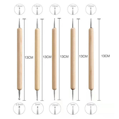 2112905 5Pcs Double-ended Ball Styluses with Wooden Handle for Embossing Pattern Clay Sculpting Wax Polymer Dotting Tool