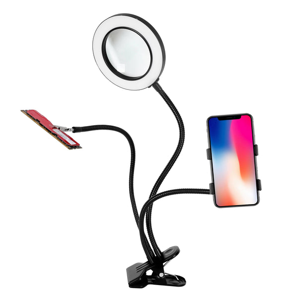 3160A 160mm Illuminating Magnifier 360-degree Rotation 10X Magnification with Fill Light and Phone Clamp