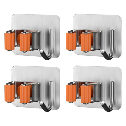SUS304 4PCS Mop Broom Holder Stainless Steel Square Shaped Self Adhesive Mop Holder Wall Mounted with Hooks for Bathroom, Kitchen, Garden Garage