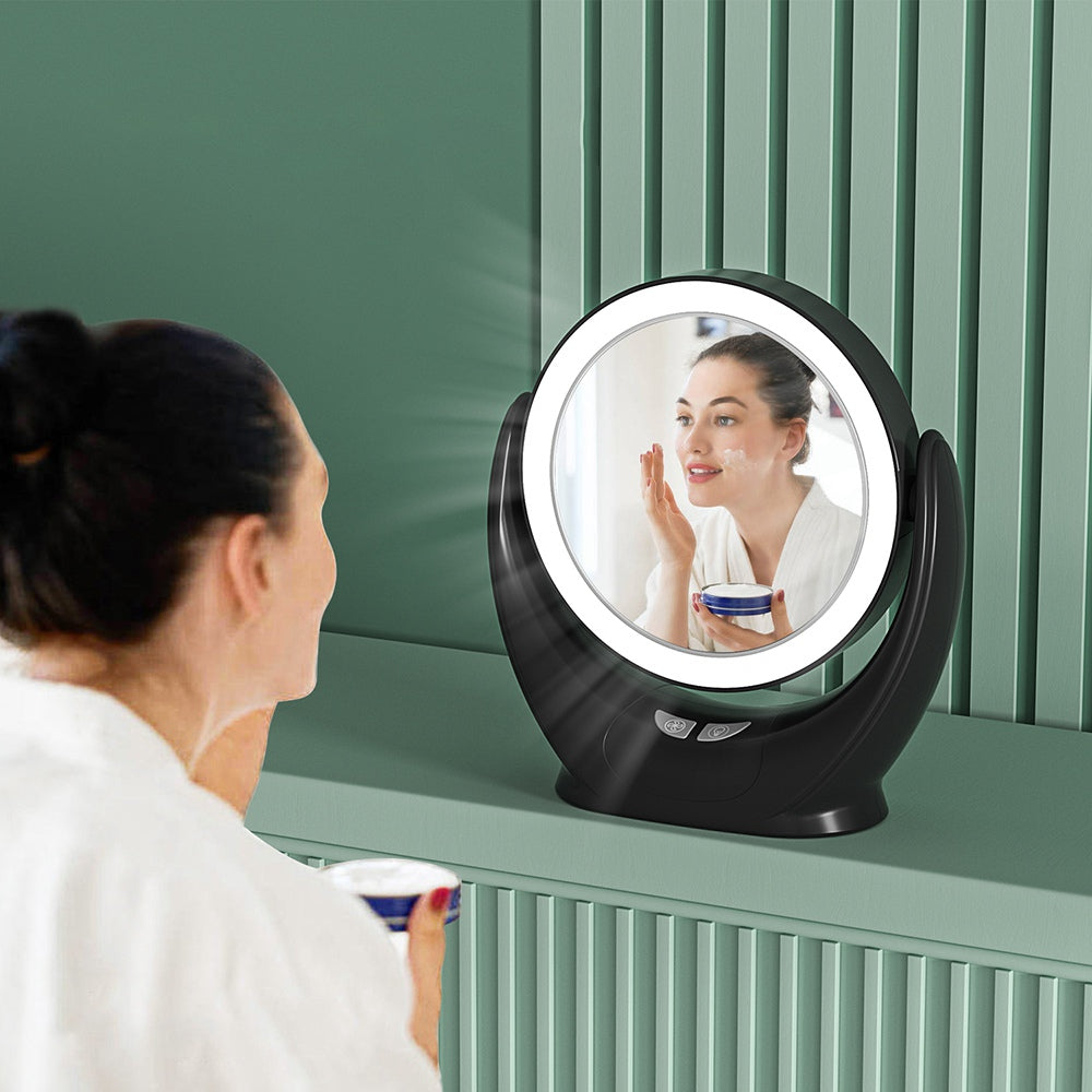 Multifunction Desktop Makeup Mirror with Dimmable LED Fill Light and Fan (No Battery)