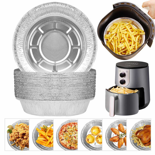 50Pcs / Set 7-inch Oil-Proof Aluminum Foil Tin Box Non-Stick Round Air Fryer Tin Foil Trays Containers for Oven Air Fryer Cooking BBQ (BPA-Free, No FDA)