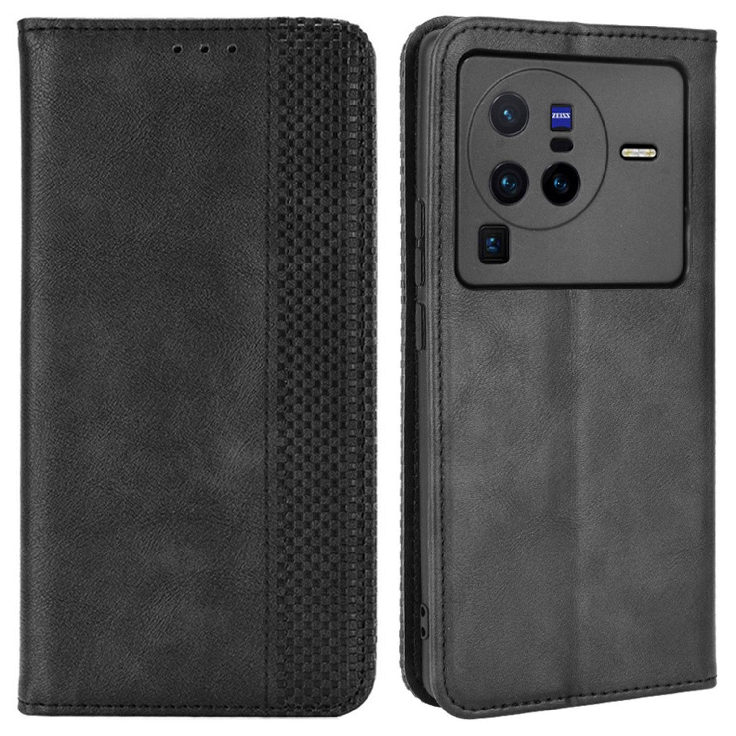 Retro Texture Anti-scratch Phone Case for vivo X80 Pro 5G, PU Leather Stand Wallet Magnetic Absorption Protective Cover