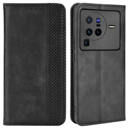 Retro Texture Anti-scratch Phone Case for vivo X80 Pro 5G, PU Leather Stand Wallet Magnetic Absorption Protective Cover