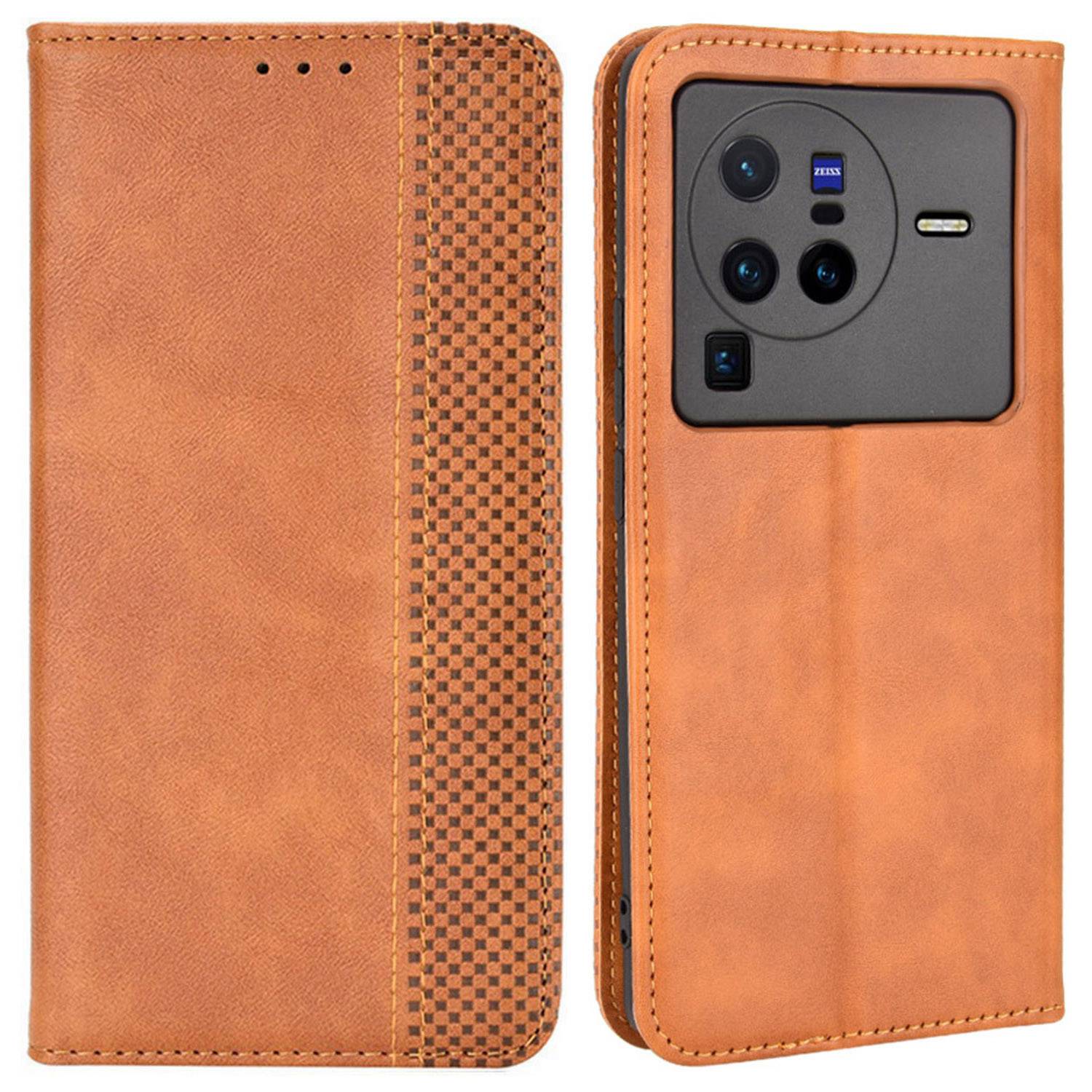 Retro Texture Anti-scratch Phone Case for vivo X80 Pro 5G, PU Leather Stand Wallet Magnetic Absorption Protective Cover