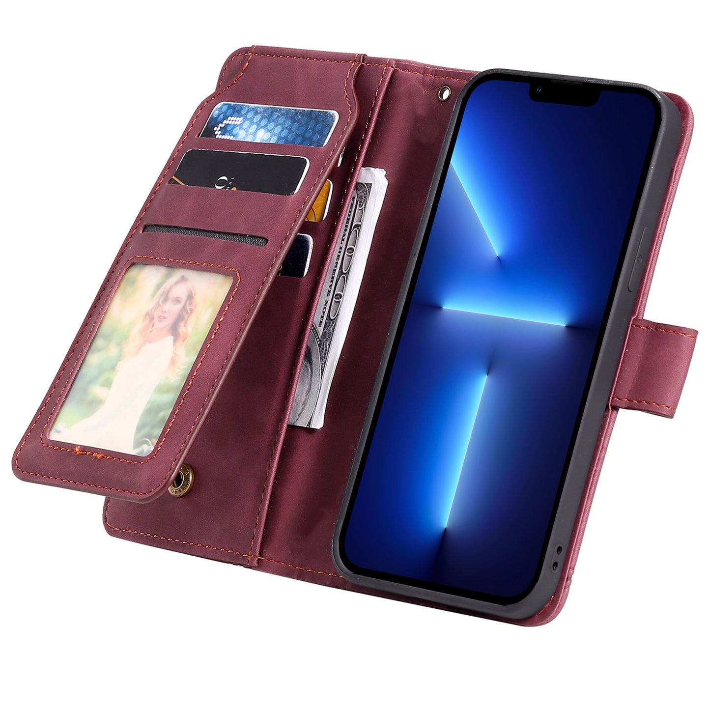 For iPhone 13 Pro 6.1 inch Drop Resistant Imprinted PU Leather Stand Cover with Multiple Card Slots and Cash Pocket