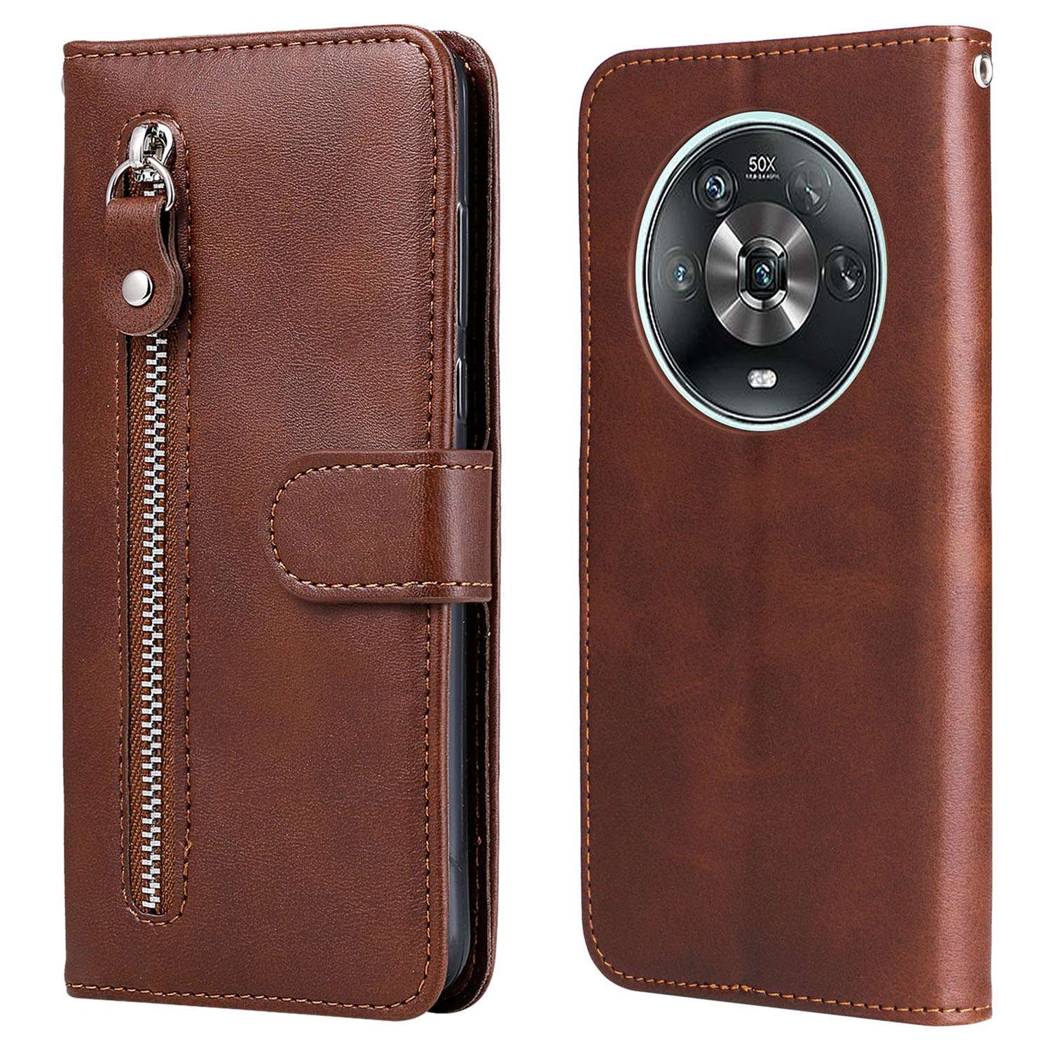 For Honor Magic4 5G/Magic4 Pro 5G Anti-fall PU Leather Wallet Folio Flip Case Zipper Pocket Stand Shockproof Protective Cover