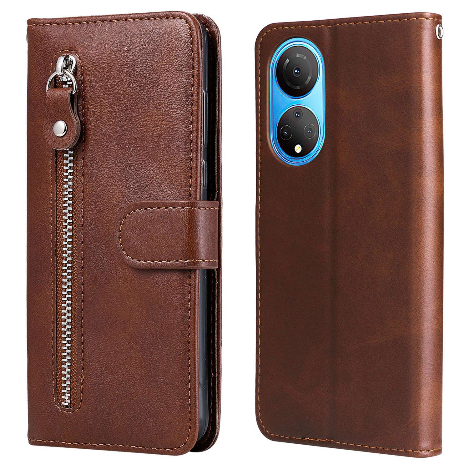 For Honor X7/Play 30 Plus 5G Wallet Phone Case PU Leather Zipper Pocket Flip Stand Design Magnetic Closure Cover