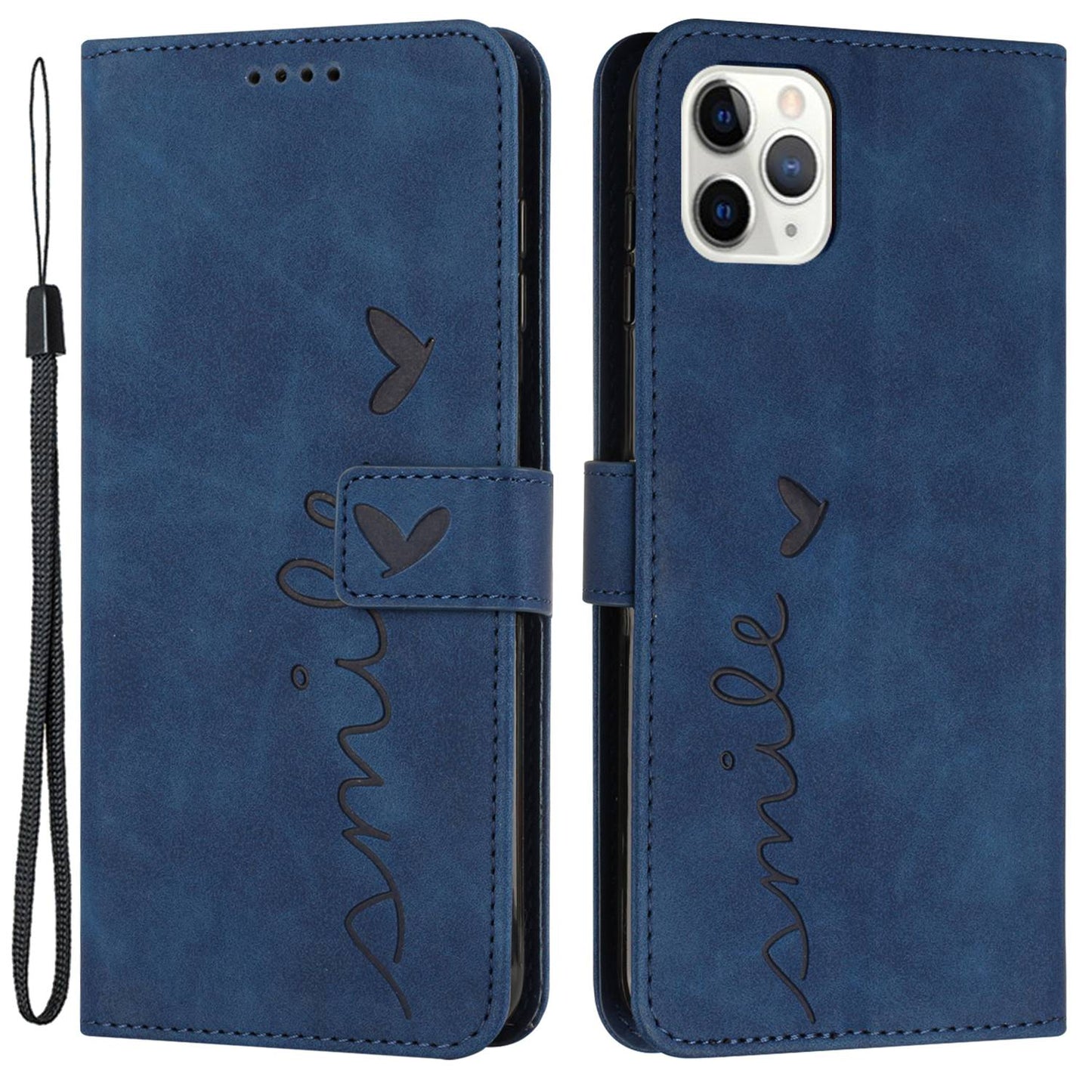 For iPhone 13 Pro 6.1 inch Heart Shape Imprinted Skin-touch Feeling Case PU Leather Wallet Viewing Stand Phone Shell with Strap