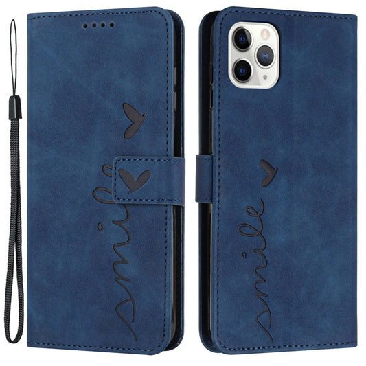 For iPhone 13 Pro 6.1 inch Heart Shape Imprinted Skin-touch Feeling Case PU Leather Wallet Viewing Stand Phone Shell with Strap