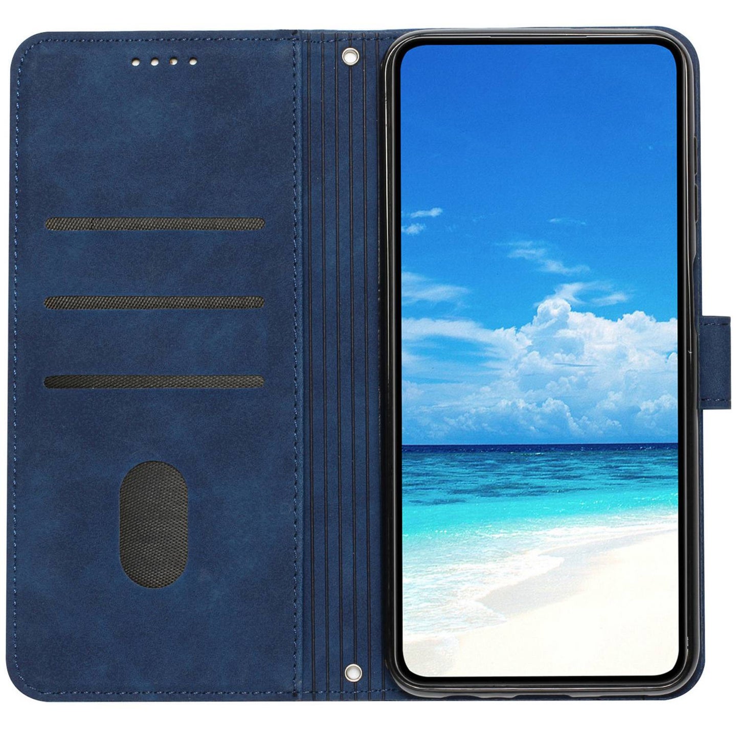 For iPhone 13 Pro 6.1 inch Heart Shape Imprinted Skin-touch Feeling Case PU Leather Wallet Viewing Stand Phone Shell with Strap