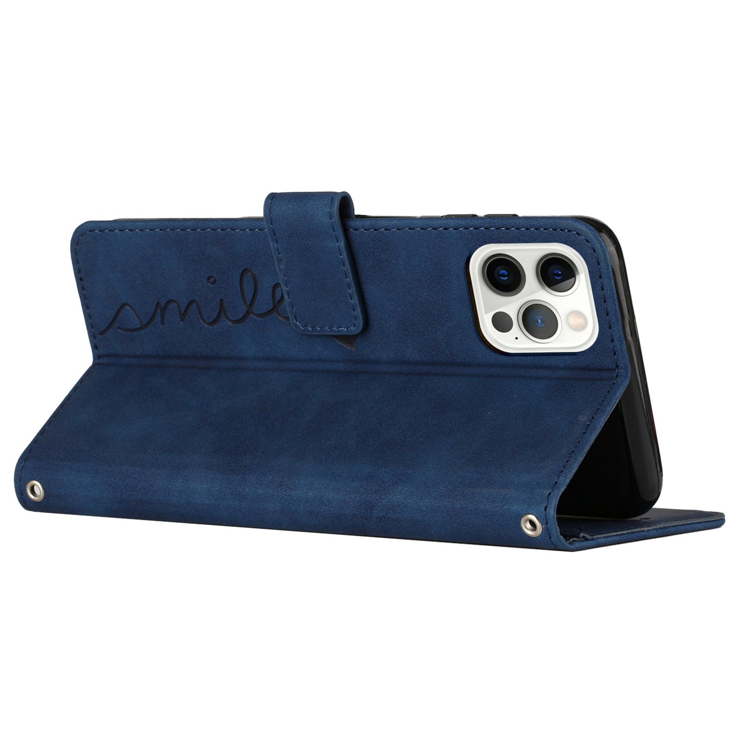 For iPhone 13 Pro 6.1 inch Heart Shape Imprinted Skin-touch Feeling Case PU Leather Wallet Viewing Stand Phone Shell with Strap