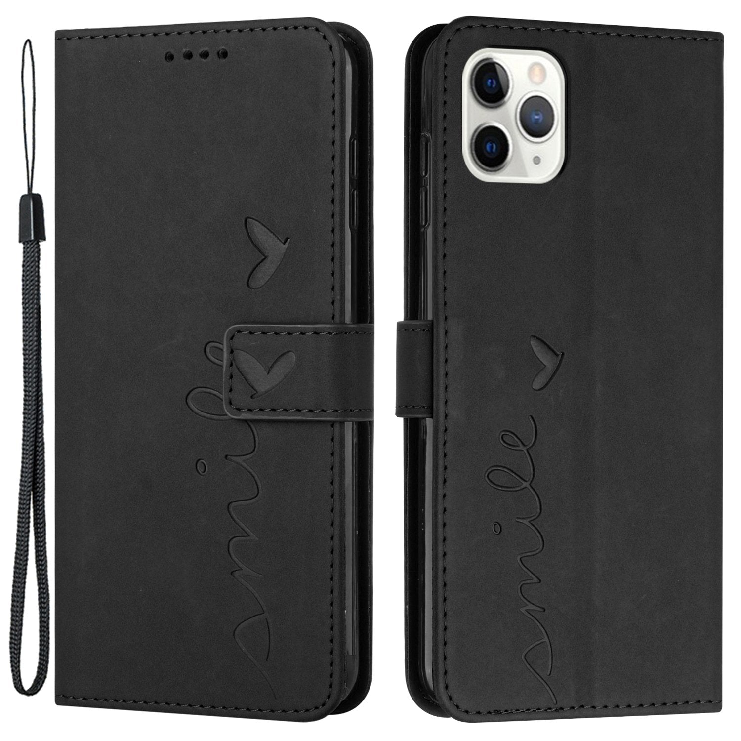 For iPhone 13 Pro 6.1 inch Heart Shape Imprinted Skin-touch Feeling Case PU Leather Wallet Viewing Stand Phone Shell with Strap