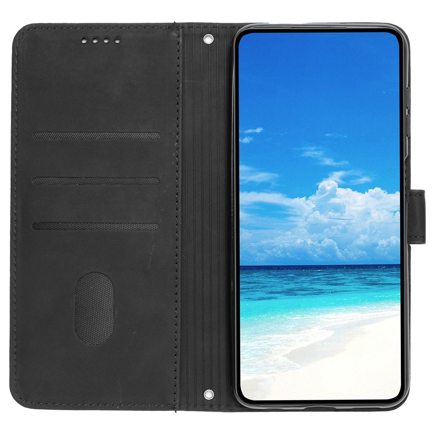 For iPhone 13 Pro 6.1 inch Heart Shape Imprinted Skin-touch Feeling Case PU Leather Wallet Viewing Stand Phone Shell with Strap