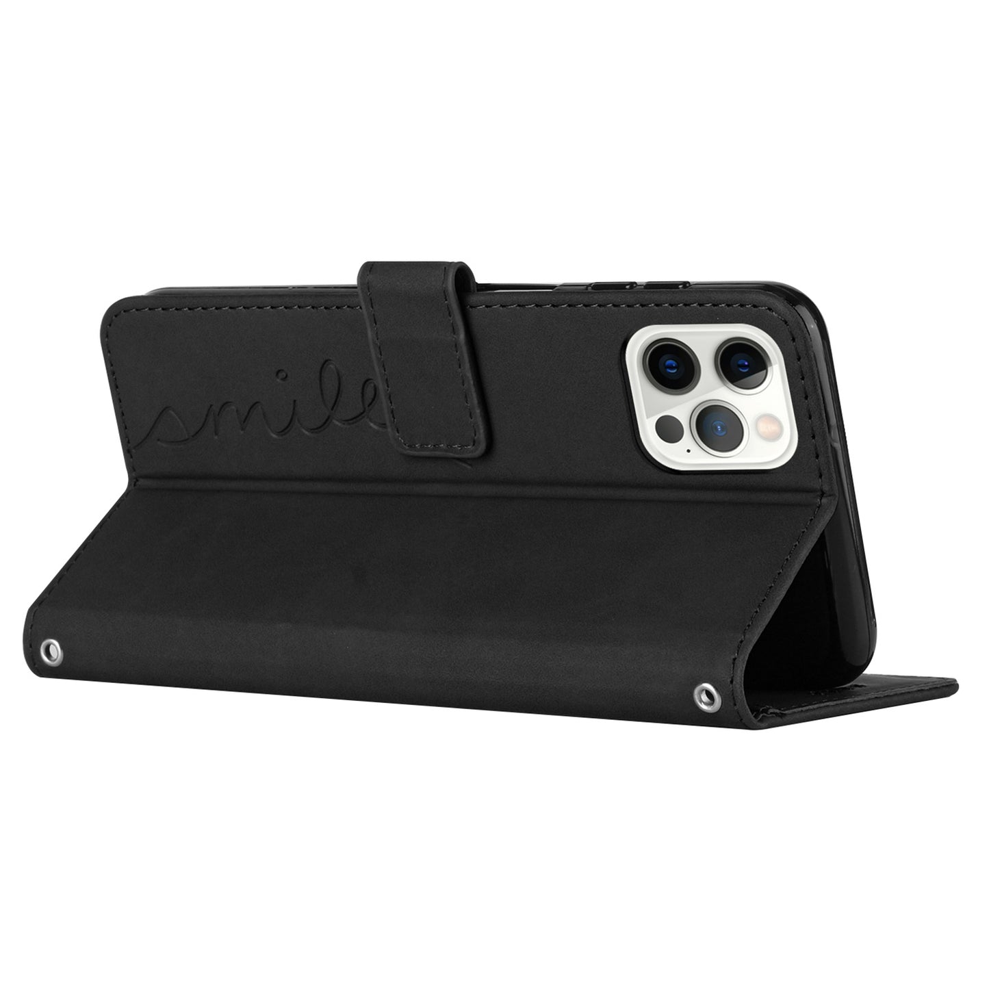 For iPhone 13 Pro 6.1 inch Heart Shape Imprinted Skin-touch Feeling Case PU Leather Wallet Viewing Stand Phone Shell with Strap