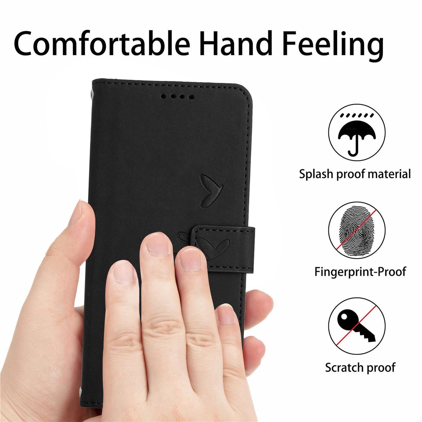 For iPhone 13 Pro 6.1 inch Heart Shape Imprinted Skin-touch Feeling Case PU Leather Wallet Viewing Stand Phone Shell with Strap