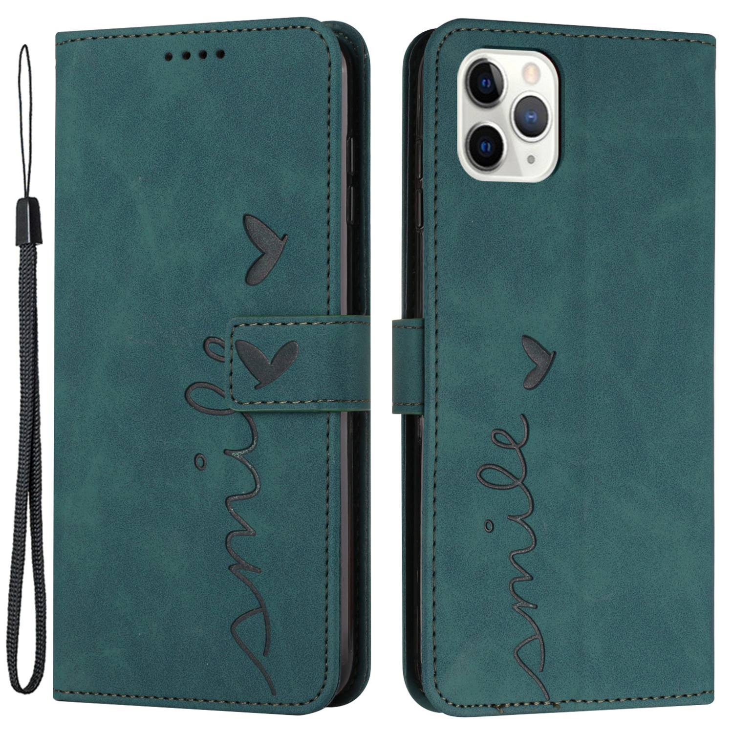 For iPhone 13 Pro 6.1 inch Heart Shape Imprinted Skin-touch Feeling Case PU Leather Wallet Viewing Stand Phone Shell with Strap