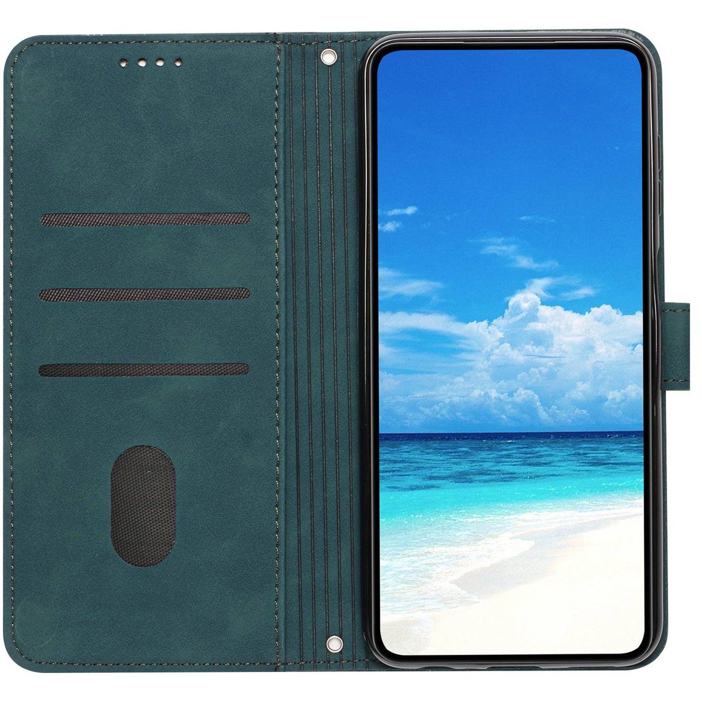 For iPhone 13 Pro 6.1 inch Heart Shape Imprinted Skin-touch Feeling Case PU Leather Wallet Viewing Stand Phone Shell with Strap