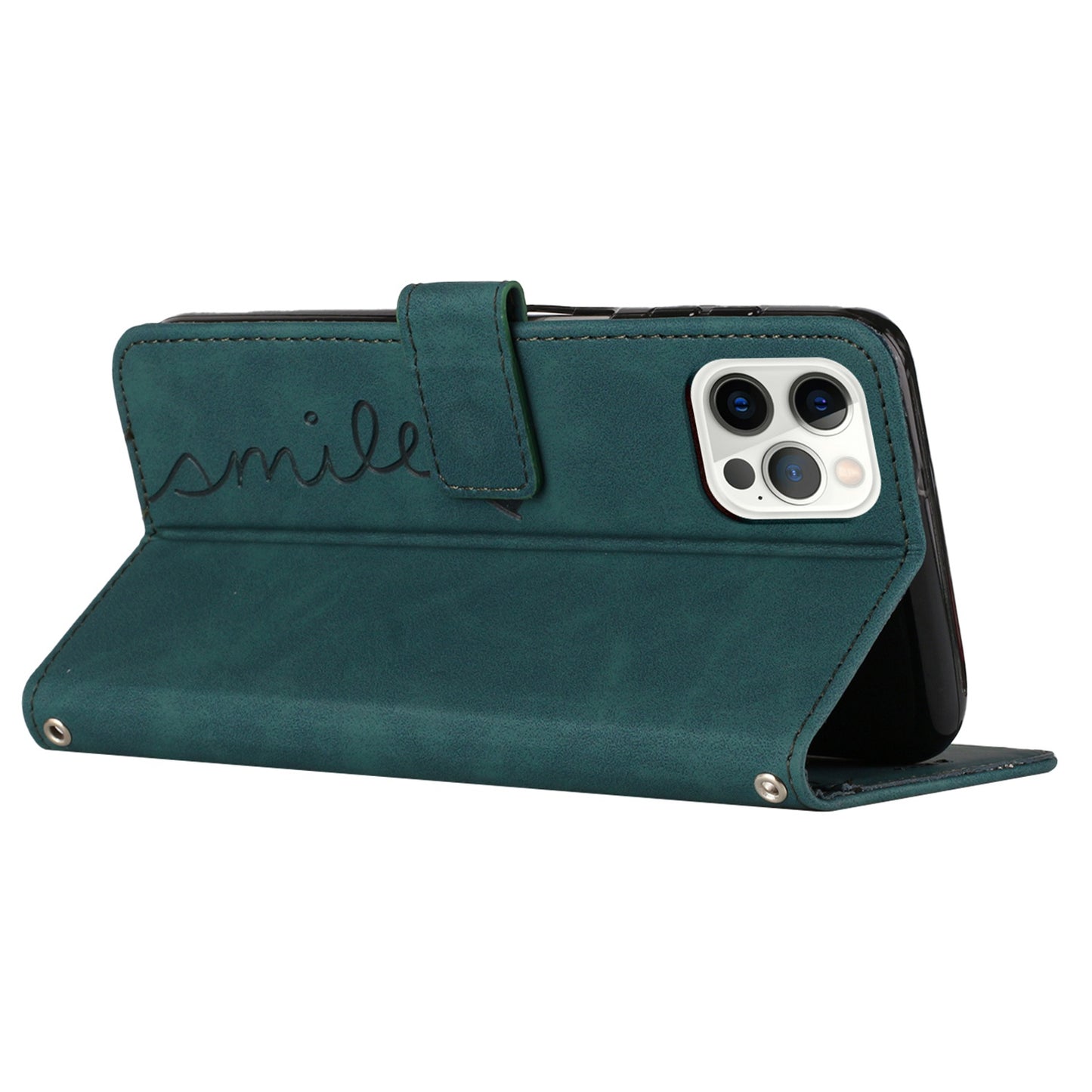 For iPhone 13 Pro 6.1 inch Heart Shape Imprinted Skin-touch Feeling Case PU Leather Wallet Viewing Stand Phone Shell with Strap