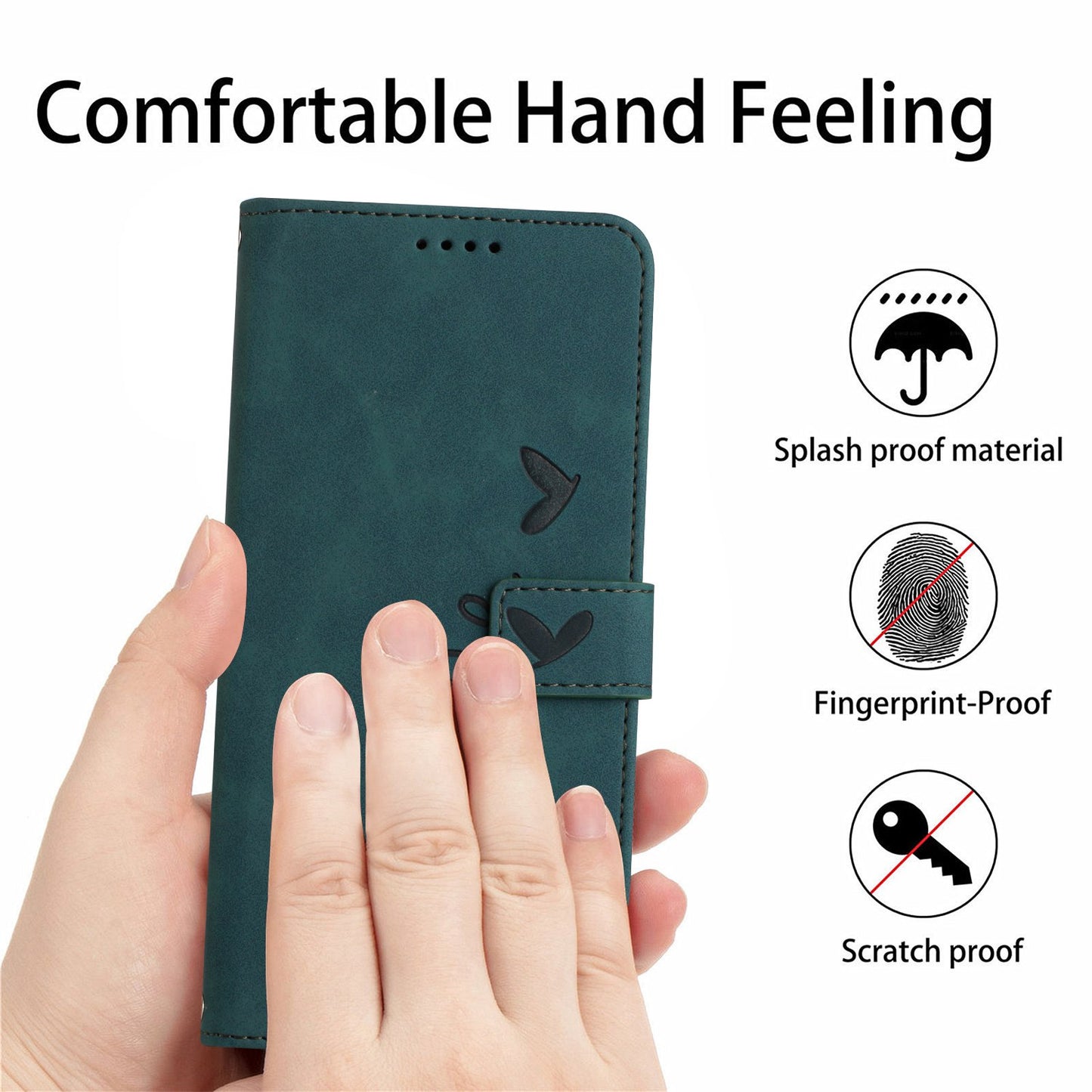 For iPhone 13 Pro 6.1 inch Heart Shape Imprinted Skin-touch Feeling Case PU Leather Wallet Viewing Stand Phone Shell with Strap