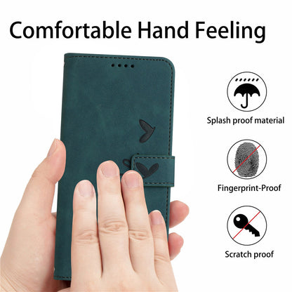 For iPhone 13 Pro 6.1 inch Heart Shape Imprinted Skin-touch Feeling Case PU Leather Wallet Viewing Stand Phone Shell with Strap
