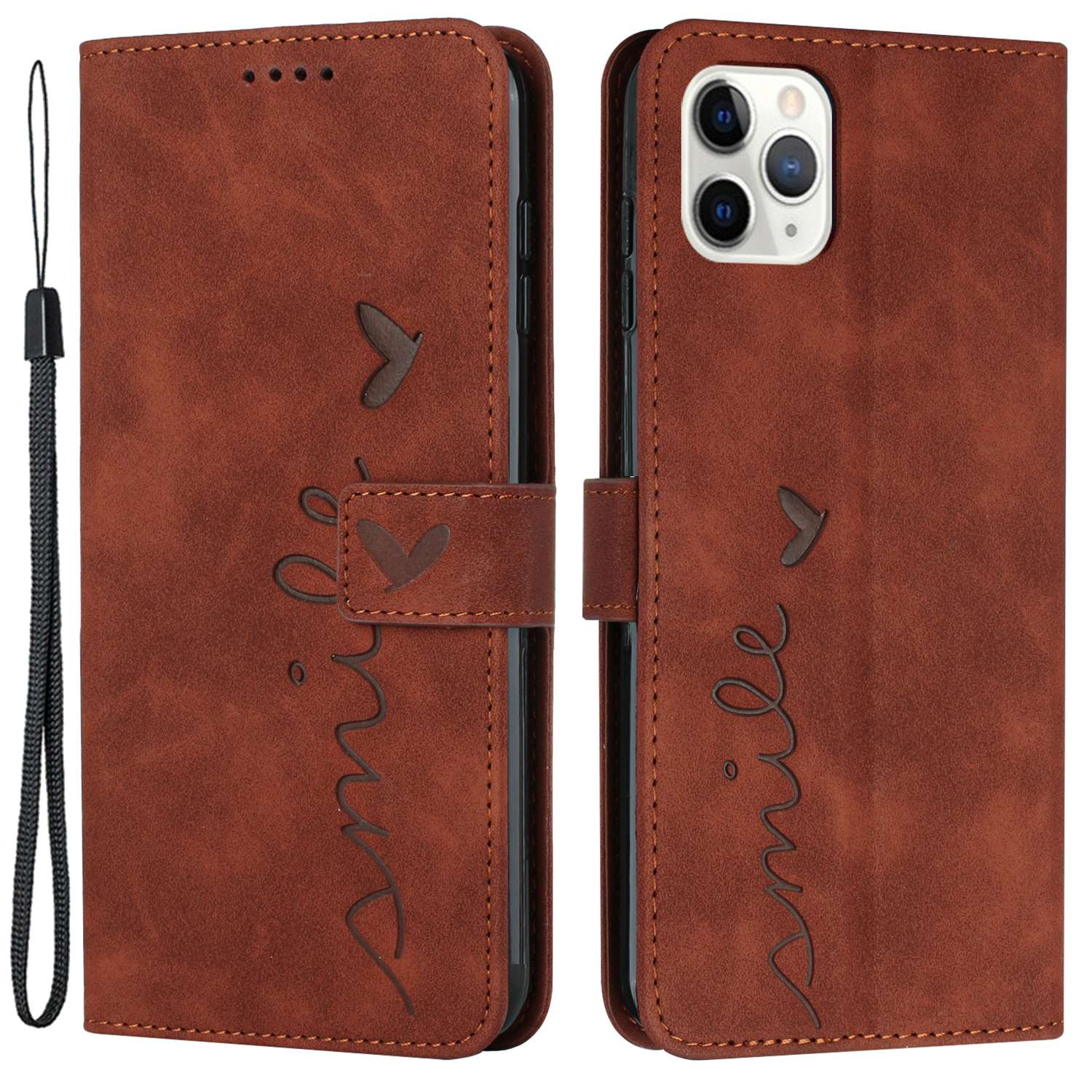 For iPhone 13 Pro 6.1 inch Heart Shape Imprinted Skin-touch Feeling Case PU Leather Wallet Viewing Stand Phone Shell with Strap
