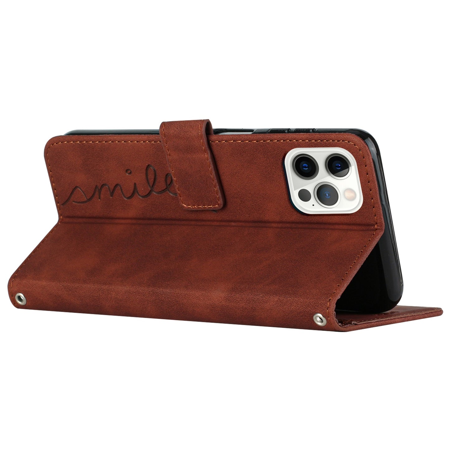 For iPhone 13 Pro 6.1 inch Heart Shape Imprinted Skin-touch Feeling Case PU Leather Wallet Viewing Stand Phone Shell with Strap