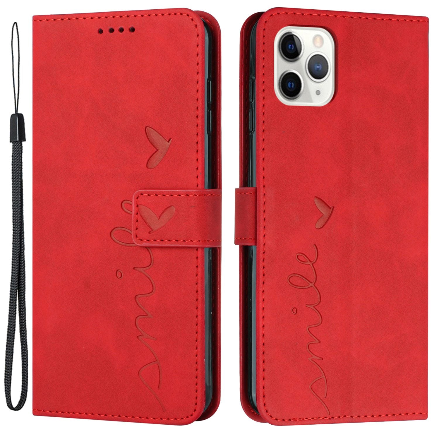 For iPhone 13 Pro 6.1 inch Heart Shape Imprinted Skin-touch Feeling Case PU Leather Wallet Viewing Stand Phone Shell with Strap